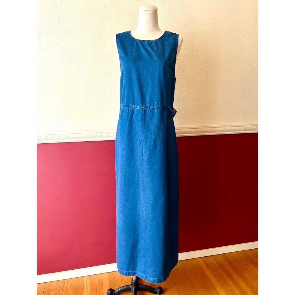 Vintage Talbots Denim Maxi Dress 100% Cotton Sleeveless Side Cinch Wrap Skirt 10 - Picture 10 of 12